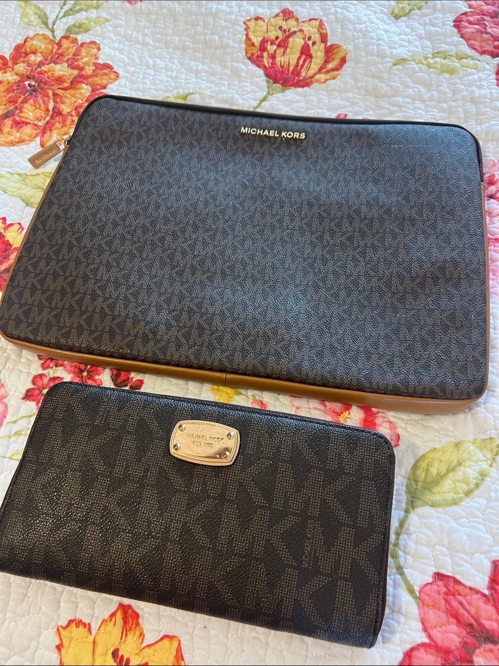 Michael Kors Brown MK Monogram Laptop Sleeve and MK Wallet